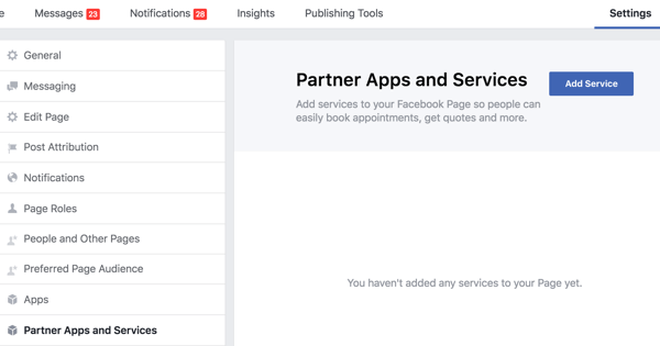 Haga clic en Aplicaciones y servicios para socios en la configuración de su página de Facebook.