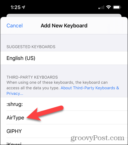 Toque AirType en la lista de teclados de terceros en la configuración de iPhone