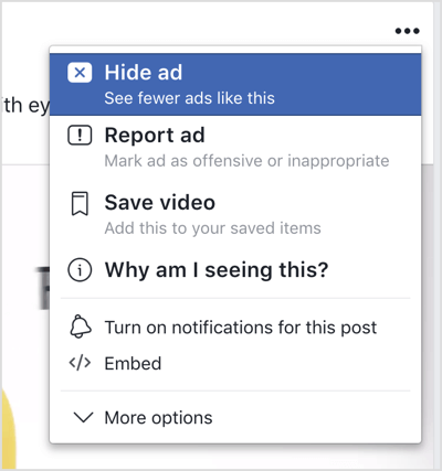 Ocultar anuncio en Facebook.
