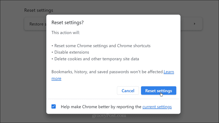 Restablecer configuración Confirmación de Chrome