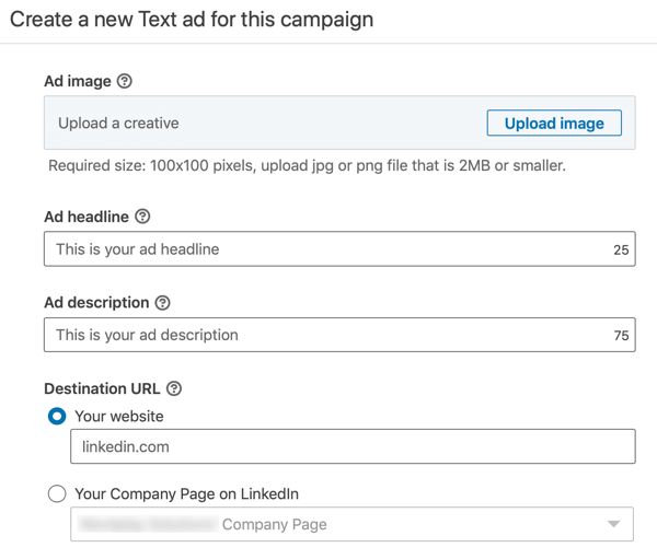 Cómo crear un anuncio de texto de LinkedIn, paso 12, configuración del texto del anuncio