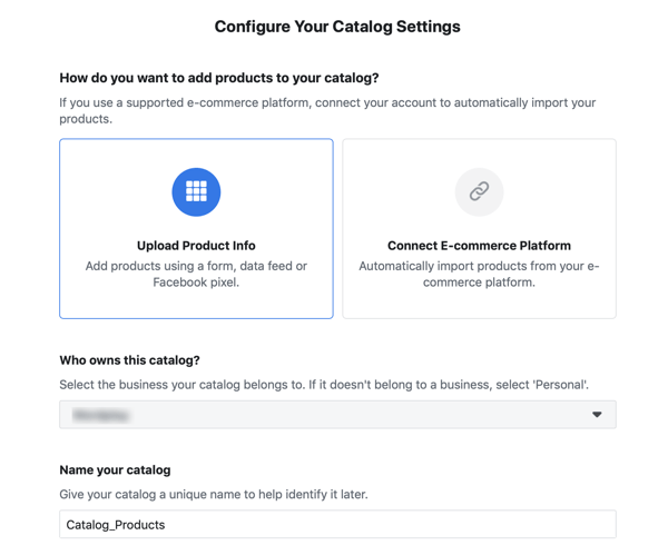 Utilice la herramienta de configuración de eventos de Facebook, paso 20, opciones de menú para completar su catálogo de anuncios de Facebook