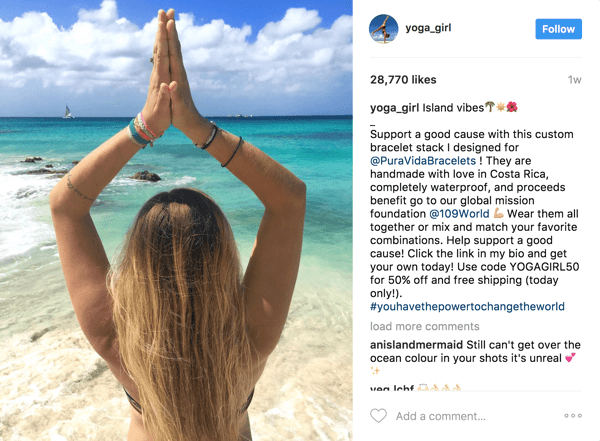 En esta publicación de influencia paga, Pura Vida pudo aprovechar los 2.1 millones de seguidores de Rachel Brathen (yoga_girl) y rastrear el ROI a través de un cupón exclusivo.
