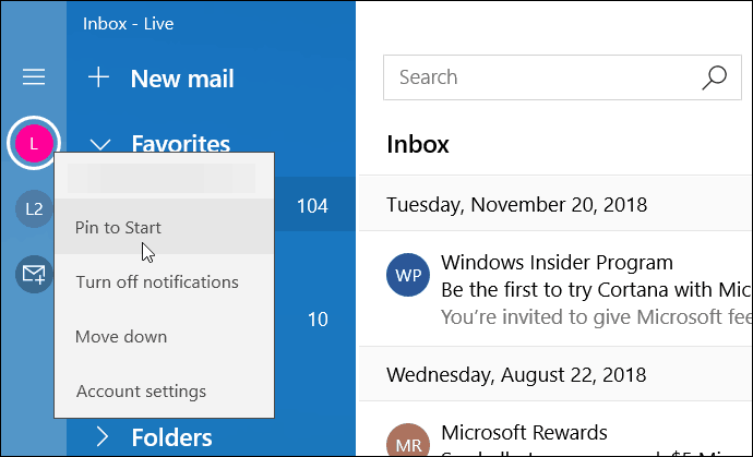 Pin de la aplicación de correo moderno para comenzar