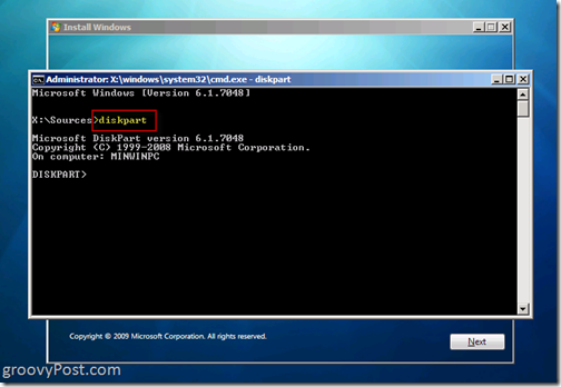 Windows 7 Native VHD Instalar Dual Boot Launch Diskpart 6.1.7048 desde CMD Prompt para construir un archivo VHD
