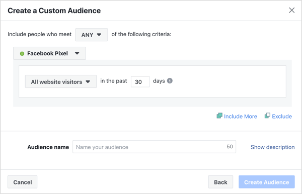 Configuración predeterminada para crear una audiencia personalizada en el sitio web de Facebook.