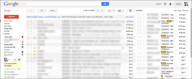 Vista previa de captura de pantalla de gmail con todo el correo en el segundo panel a la derecha