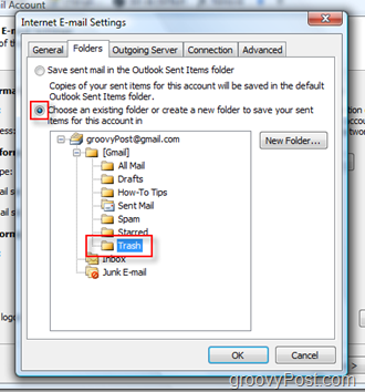 Configure la carpeta ENVIAR correo para la cuenta iMAP en Outlook 2007:: Elija la carpeta Papelera