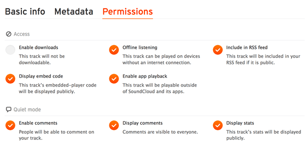 Verifique la pestaña Permisos para asegurarse de que su archivo de audio esté incluido en su fuente RSS de SoundCloud.