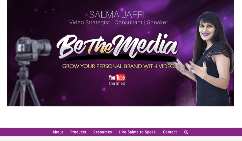 captura de pantalla del sitio web de salma jafri señalando que ella es la marca de medios