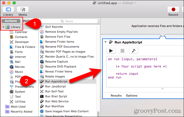 Arrastre Ejecutar AppleScript al panel de flujo de trabajo en Automator