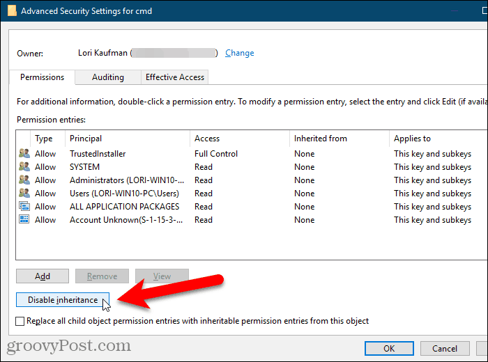 Haga clic en Desactivar herencia en el cuadro de diálogo Configuración de seguridad avanzada en el Registro de Windows