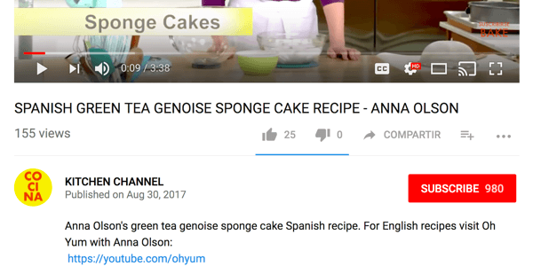 Cocina dirige a las audiencias de habla inglesa a un canal de cocina diferente en YouTube.