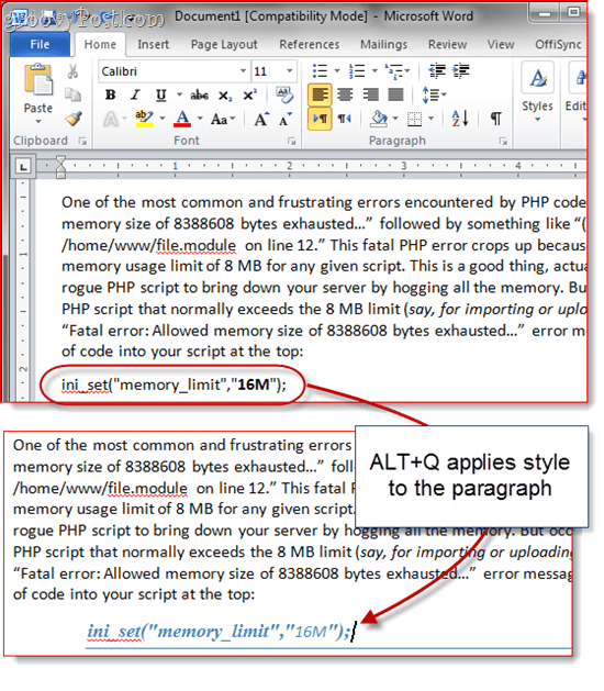 Métodos abreviados de teclado de estilo personalizado Word 2010