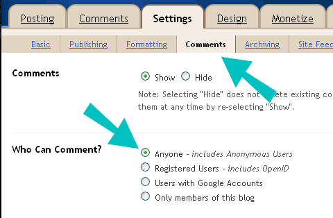 Configuración de comentarios de Blogger con flechas