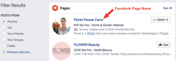 Ejemplo de la página de Facebook llamada Floret Flower Farm en los resultados de búsqueda.