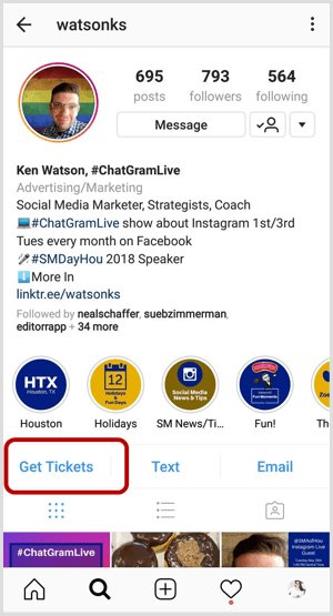 ejemplo de botón de acción de Instagram en el perfil comercial