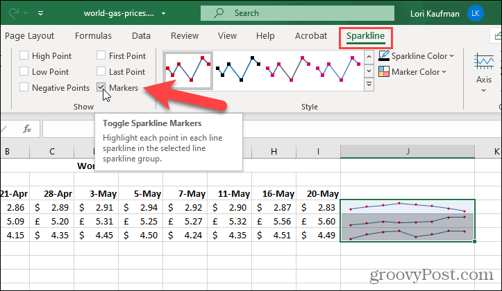 Mostrar marcadores en minigráficos en Excel