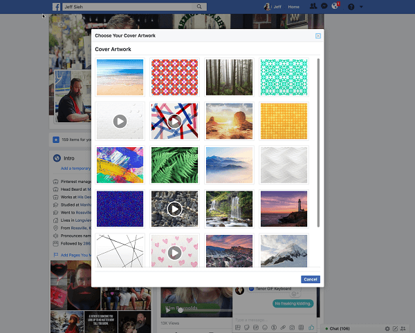 Facebook ahora permite a los usuarios seleccionar un video para una imagen de portada de perfil de la biblioteca de ilustraciones. 