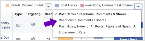 Haga clic en la flecha junto a Reacciones, comentarios y recursos compartidos en su página de Facebook Insights.
