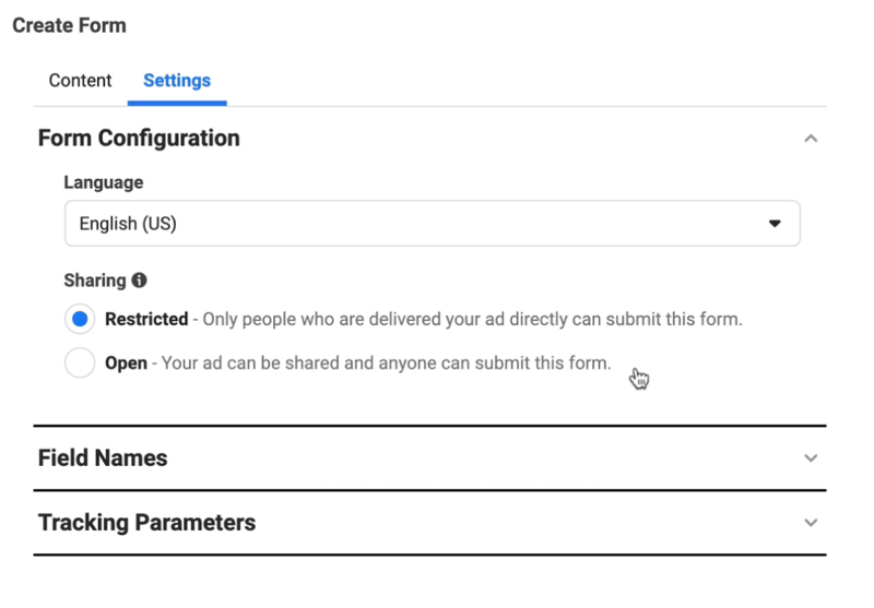 Los anuncios de clientes potenciales de Facebook crean una nueva opción de formulario de clientes potenciales para ajustar la configuración del formulario del idioma que está configurado en inglés y el uso compartido que está configurado como restringido