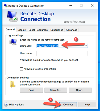 Establecer una conexión RDP usando un puerto personalizado y configuraciones avanzadas