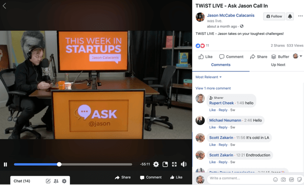 Utilice un flujo de trabajo de seis pasos para crear videos para múltiples plataformas, ejemplo de un video en vivo de Facebook de Jason McCabe Calacanis