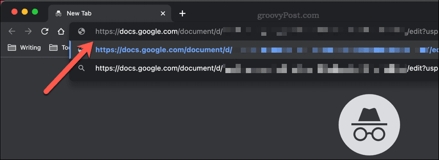 Pegar un enlace para compartir de Google Docs en la barra de direcciones de una ventana de incógnito de Google Chrome