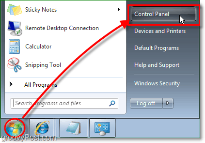 haga clic en el menú de inicio del orbe de Windows 7, luego haga clic en el panel de control para comenzar a eliminar IE