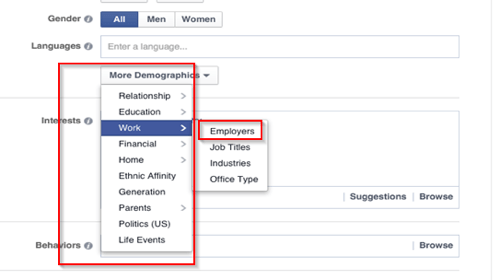 Opciones de segmentación del lugar de trabajo de anuncios de Facebook