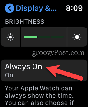 Toque Siempre activado en Configuración en su Apple Watch