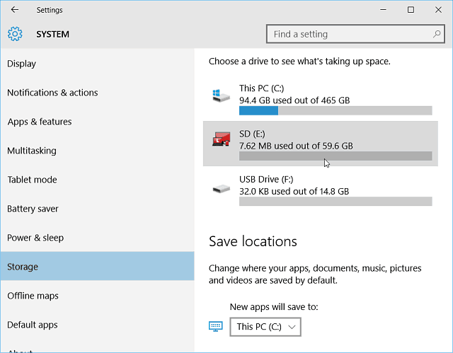 Configuración de almacenamiento de Windows 10