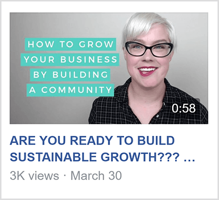 Para enseñar en un grupo de Facebook, Caitlin Bacher comparte un video similar a este video con el texto Cómo crecer Tu negocio construyendo una comunidad y una imagen de Caitlin de hombros hacia arriba y de cara al cámara.