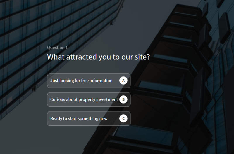 ejemplo de un cuestionario de sitio web utilizado para calificar clientes potenciales en el sitio de una empresa de capacitación en inversión inmobiliaria