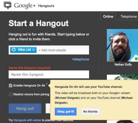 habilitar Hangouts en vivo