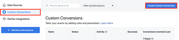 Use la herramienta de configuración de eventos de Facebook, paso 10, opción de menú para configurar conversiones personalizadas para su píxel de Facebook 