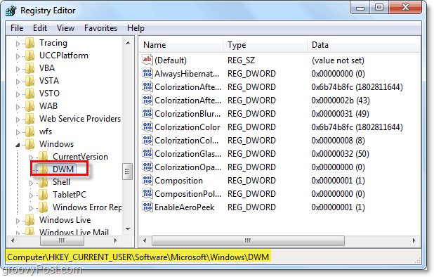 abra la clave de registro dwm en windows 7