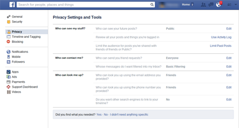 pestaña de privacidad de facebook