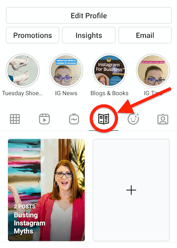 perfil de Instagram con el ícono de guía de búsqueda de periódico presente y resaltado, que aparece junto al ícono de igtv