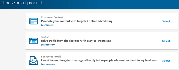 Elija el tipo de anuncio de LinkedIn que desea crear.