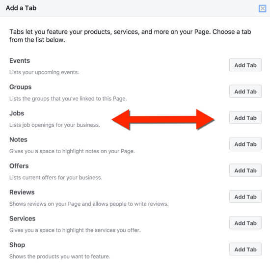 Agregue una pestaña de trabajos a su página de Facebook, luego complete el formulario de publicación de trabajos.