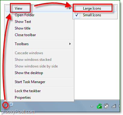 Mostrar iconos grandes para una barra de herramientas de la barra de tareas en Windows 7