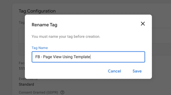 nuevo administrador de etiquetas de google nueva etiqueta con opciones de menú de etiqueta de cambio de nombre con el nombre de etiqueta nuevo ingresado como 'fb - vista de página usando plantilla'