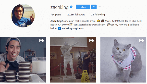 Aunque inicialmente usó Instagram para volver a publicar sus Vines, Zach pronto comenzó a crear contenido original de Instagram.