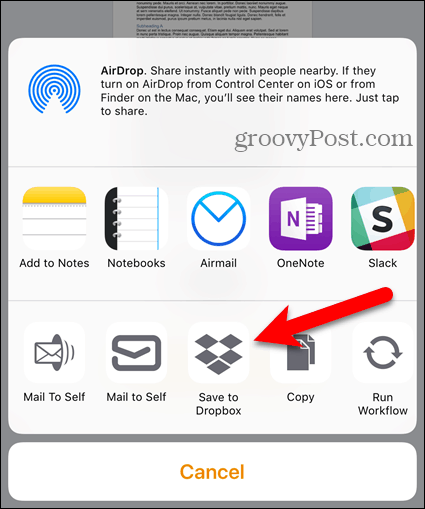 Toca Dropbox en Compartir hoja en iOS