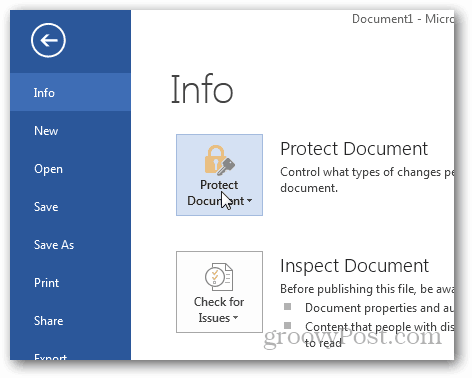Proteger con contraseña y cifrar documentos de Office 2013: haga clic en Proteger documento