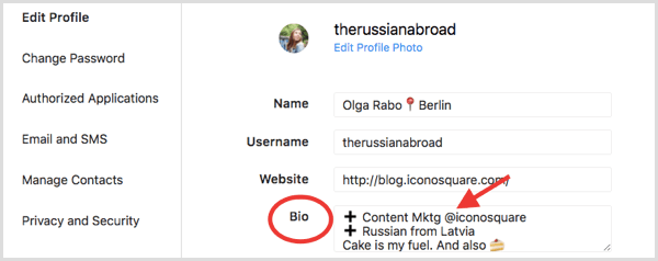 Campo de biografía en la sección Editar perfil para el perfil de Instagram