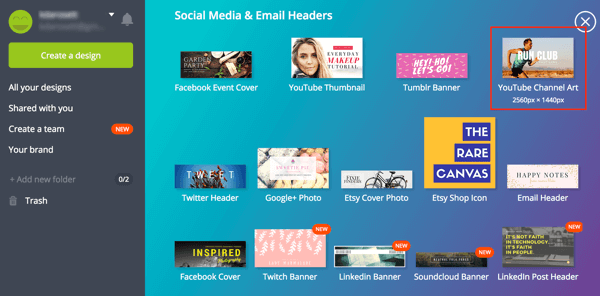 Canva ofrece una variedad de plantillas de redes sociales, incluida una para el diseño del canal de YouTube.