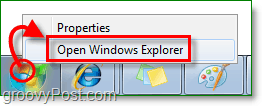 para ingresar al explorador de Windows 7, haga clic con el botón derecho en el orbe de inicio y haga clic en abrir el explorador de Windows