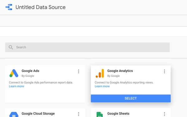 Utilice Google Data Studio para analizar sus anuncios de Facebook, paso 2, opción para utilizar Google Analytics como fuente de datos